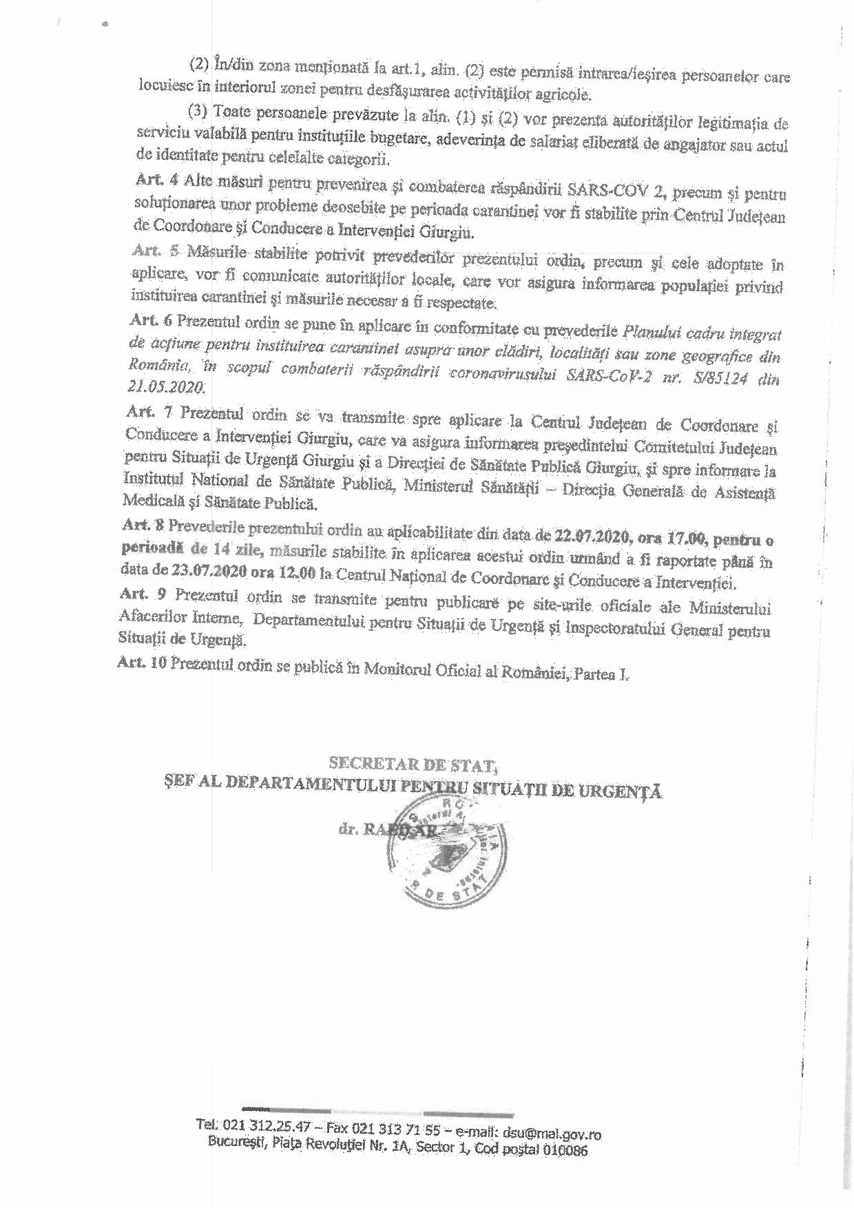 Ordinul Sefului Departamentului Pentru Situații de Urgență nr 4659201 din 22.07.2020 privind instituirea carantinei zonale în localitatea Cartojani pagina 3